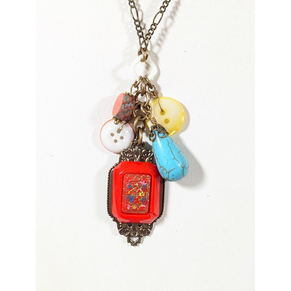 Grandmother's Buttons Glass Charm Necklace Bronze Tone 27 Inch Artisan